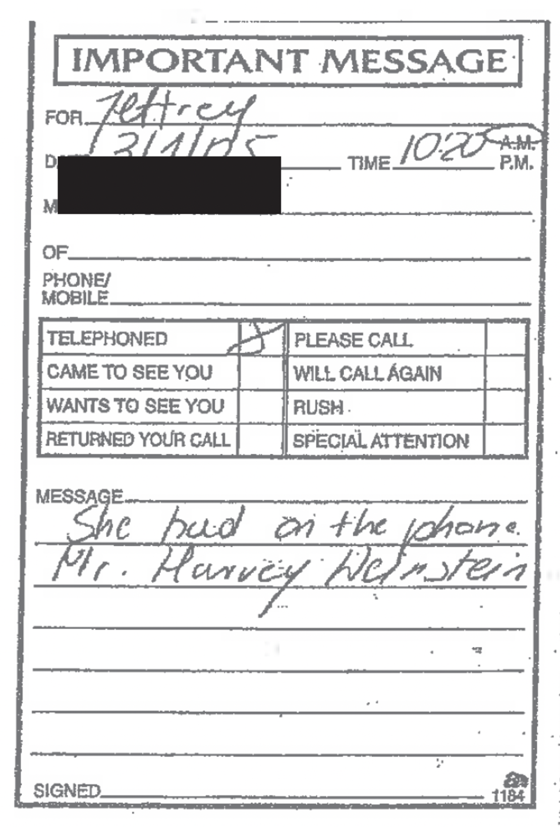 An unsealed legal document in a civil case related to Jeffrey Epstein shows a handwritten phone message saying Harvey Weinstein called. A close-up of that message is seen here.