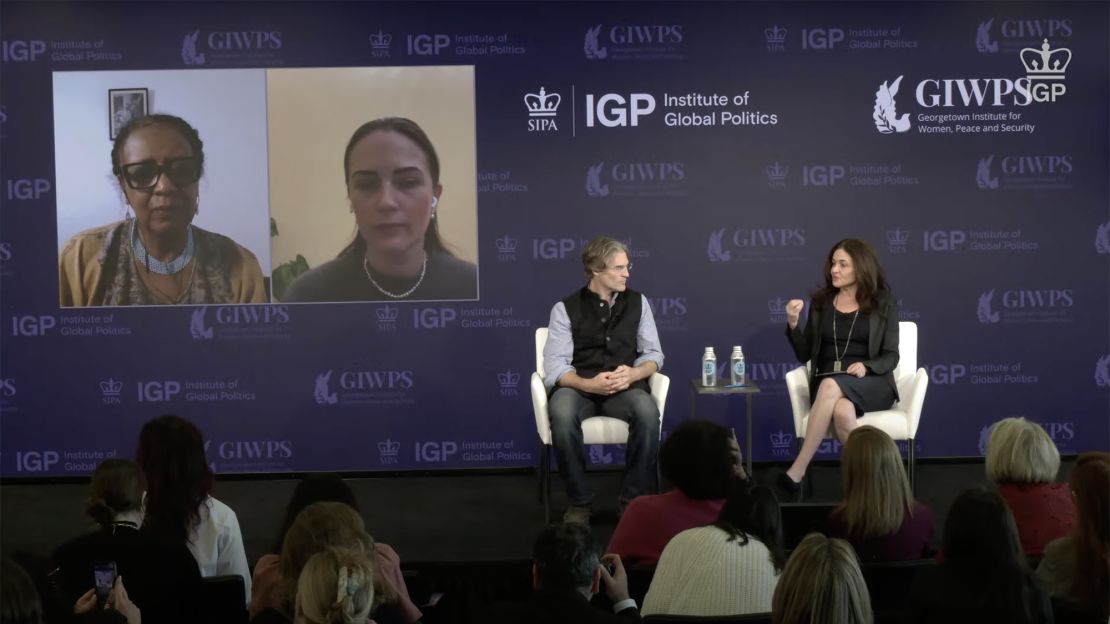 Sheryl Sandberg (right) speaking during a Columbia University panel about sexual violence against women during wars and conflicts on Friday, February 9, with Jeffrey Gettleman, Global Correspondent at the New York Times (center) and Hala Al-Karib, Regional Director, Strategic Initiative for Women in the Horn of Africa (SIHA) and Oleksandra Matviichuk, Nobel Peace Prize-Winning lawyer and Head of Center for Civil Liberties (joining virtually).