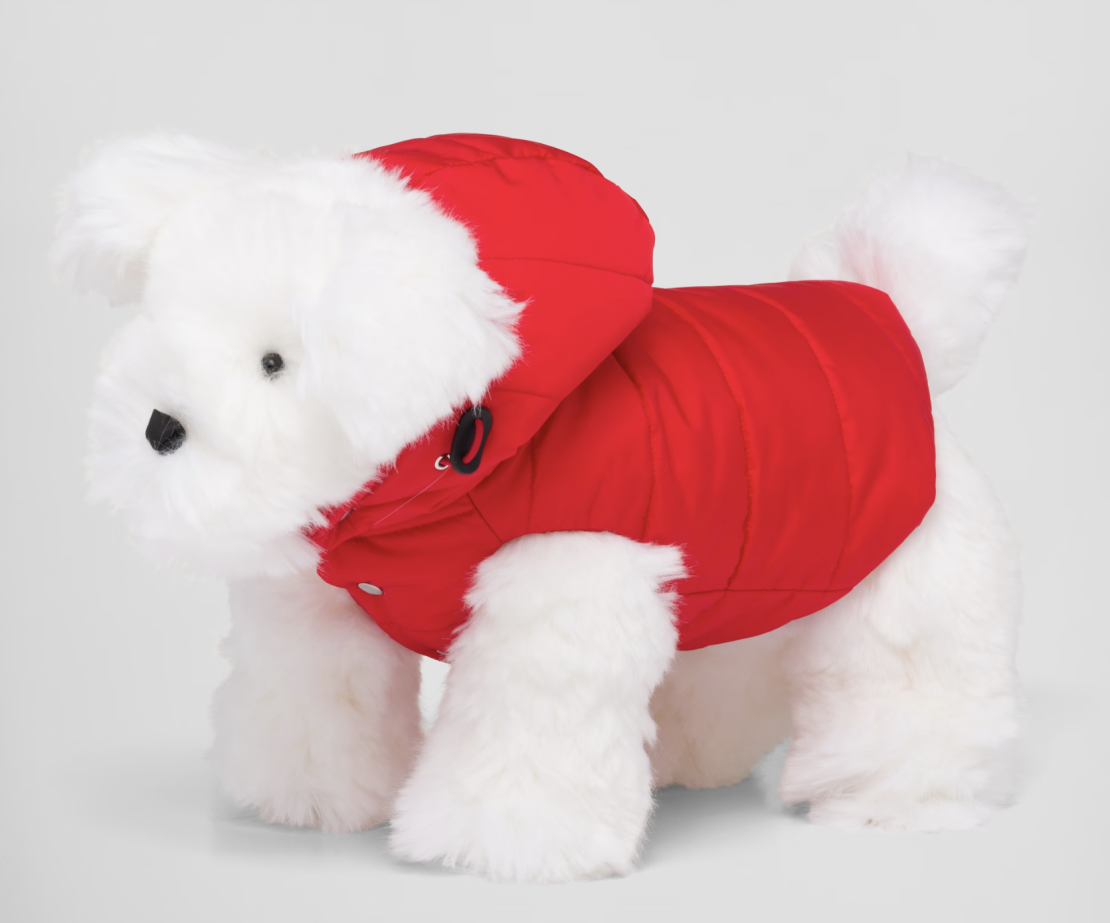 Prada's Re-Nylon puffer dog coat with hood comes in two colors and three sizes, $825