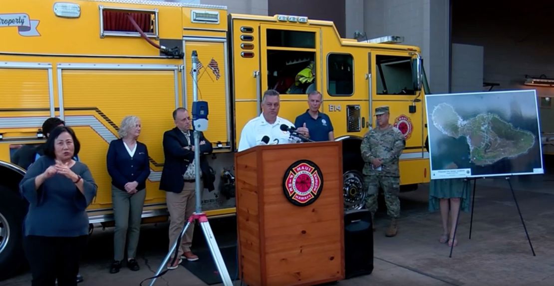 Officials attend a press conference on March 8, 2024, in Kilhei, Hawaii, announcing wildfire and wind sensors will be deployed statewide.