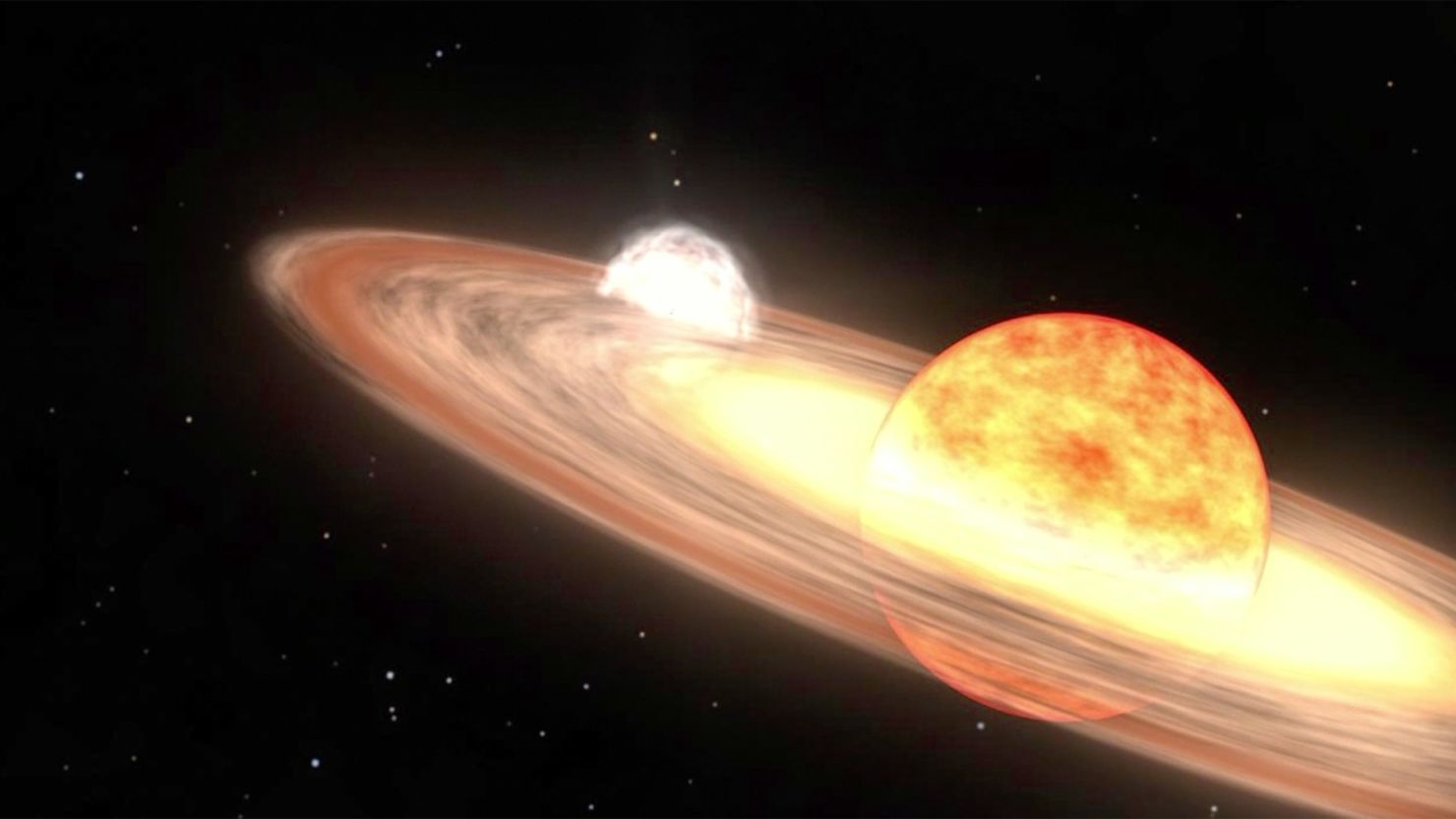 A red giant star and white dwarf orbit each other in NASA's illustration of a nova.
