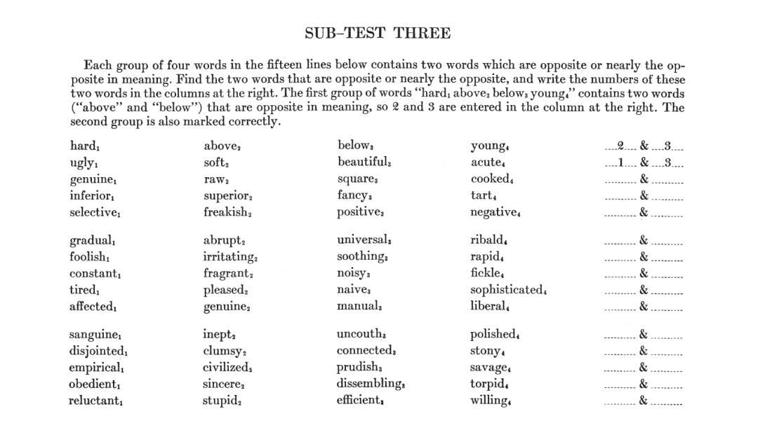 A page from the College Board's first SAT practice test, from 1926, assumes the student knows the meaning of the words 