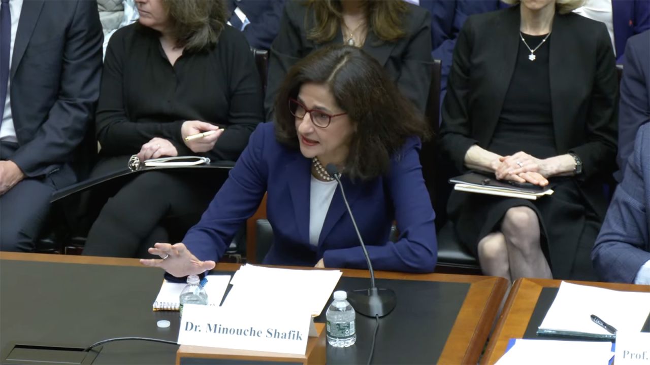 Columbia University president Minouche Shafik during her opening remarks at a House Committee on Education and the Workforce hearing about antisemitism on university campuses, today in Washington, DC.
