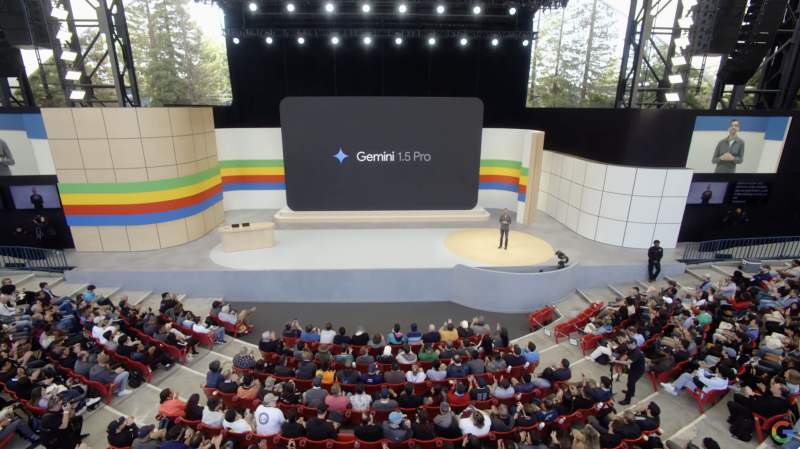 Sundar Pichai speaks about Gemini 1.5 pro during Google I/O developer conference today.