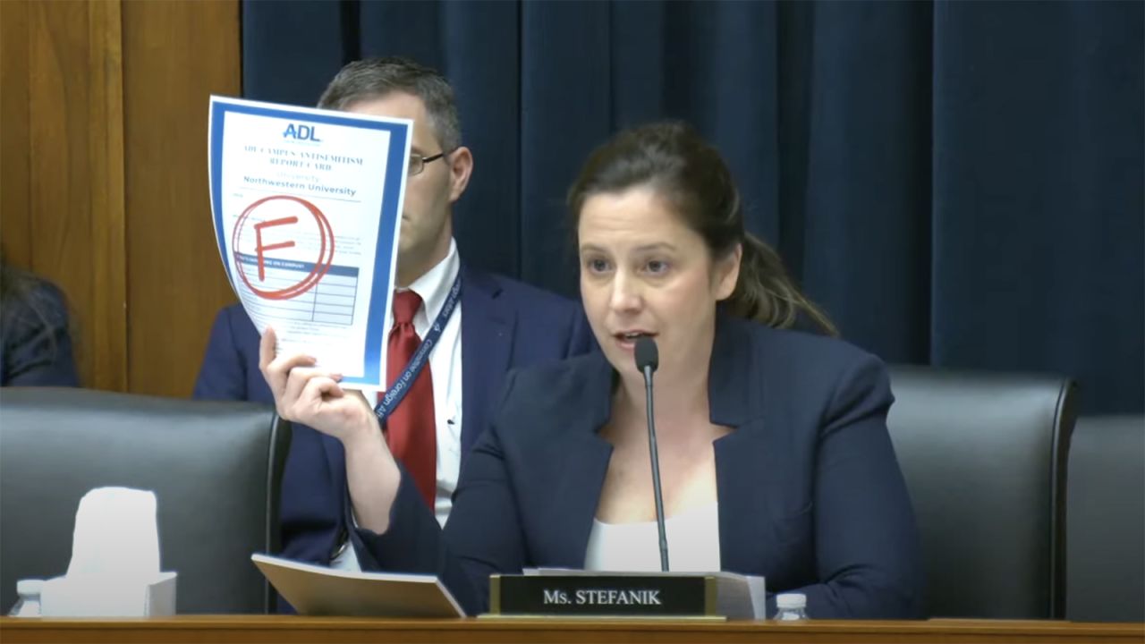 Rep. Elise Stefanik during an exchange with Northwestern University President Michael Schill at the House Committee on Education and the Workforce hearing on antisemitism on college campuses today on Capitol Hill.