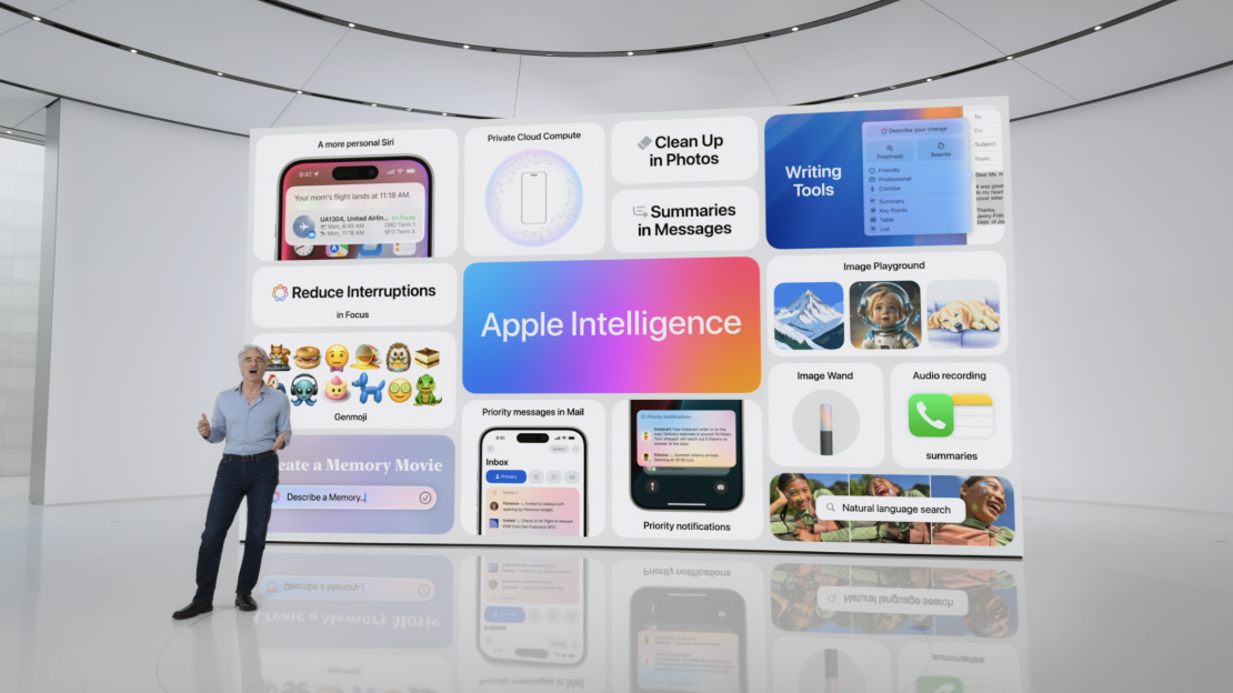 Apple executive Craig Federighi on stage at the company's WWDC event Monday.