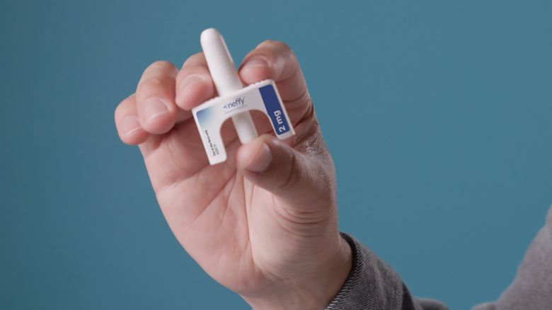 The FDA approved Neffy, the first non-needle epinephrine drug for severe allergic reactions Friday, pictured here in a screenshot from a video provided by the company.