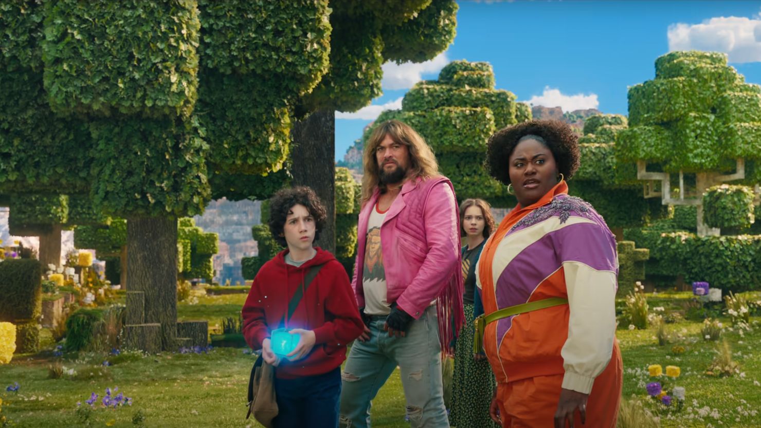 (From left) Sebastian Eugene Hansen, Jason Momoa, Emma Myers and Danielle Brooks in the 'A Minecraft Movie' trailer.