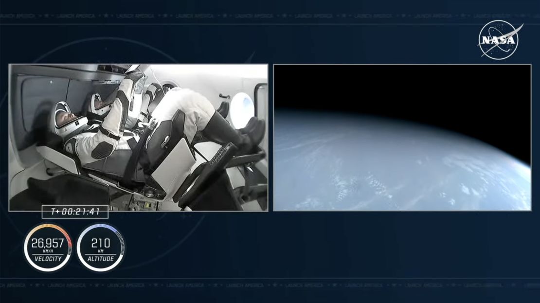 The outbound leg of this commercial crew mission is carrying only two crew members — NASA astronaut Nick Hague and Roscosmos cosmonaut Alexander Korbunov, shown above in NASA's livestream — instead of the usual four.