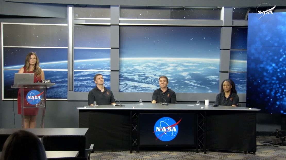 In this screenshot from video, NASA astronauts (from left) Matthew Dominick, Michael Barratt, and Jeanette Epps speak during a November 8 news conference to discuss the SpaceX Crew-8 mission.