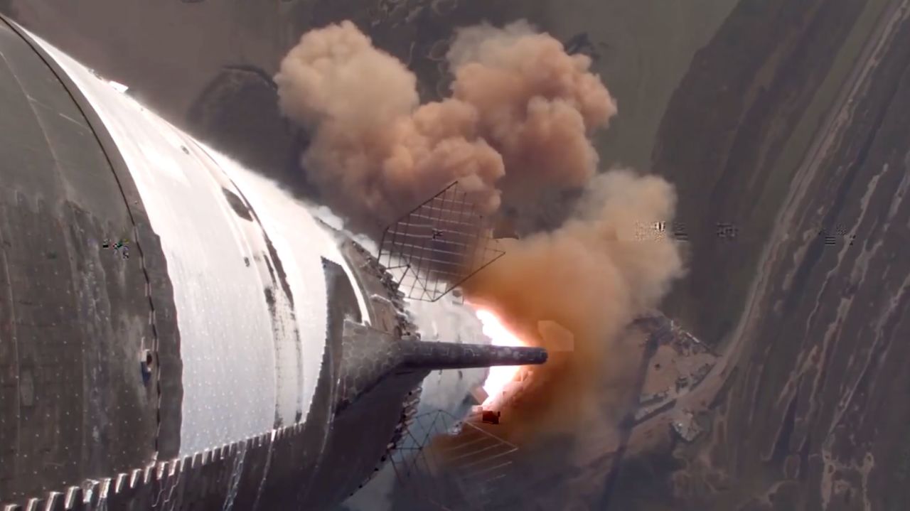 A still from SpaceX's livestream shows Starship lifting off Tuesday.