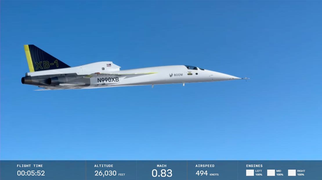 En esta captura de pantalla del vídeo, el XB-1 de Boom Supersonic acelera durante su primer vuelo supersónico.