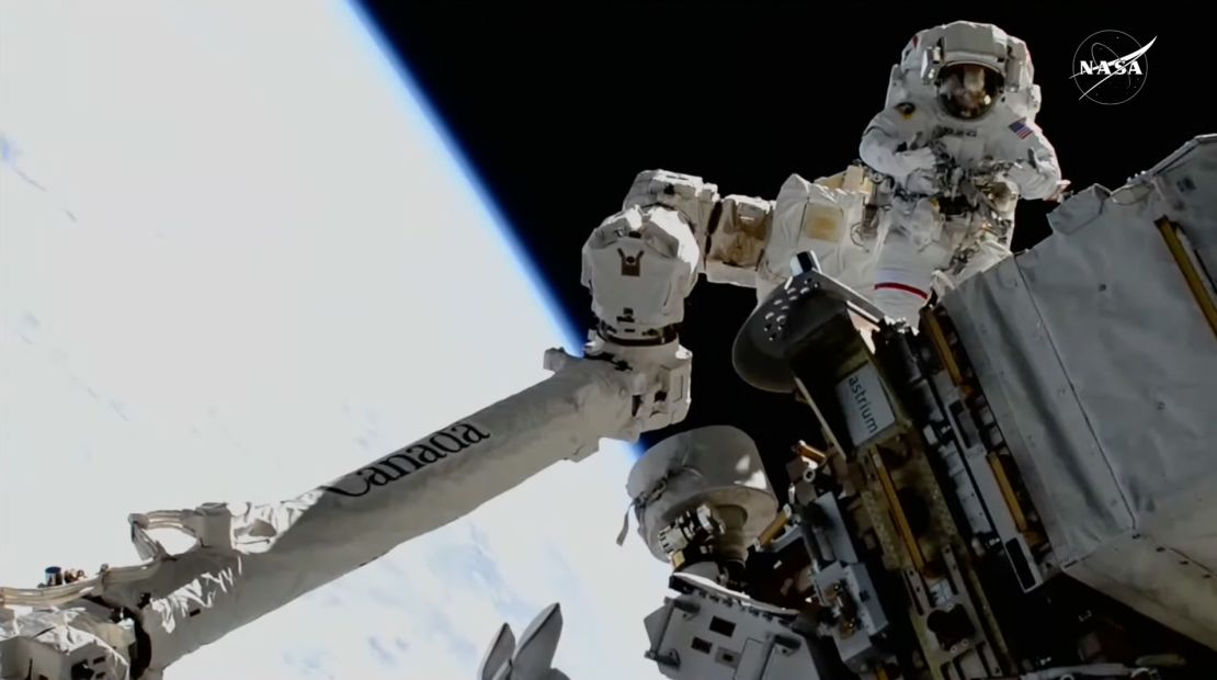 In this screengrab from video, NASA astronauts Suni Williams and Butch Wilmore conduct a spacewalk on January 30.