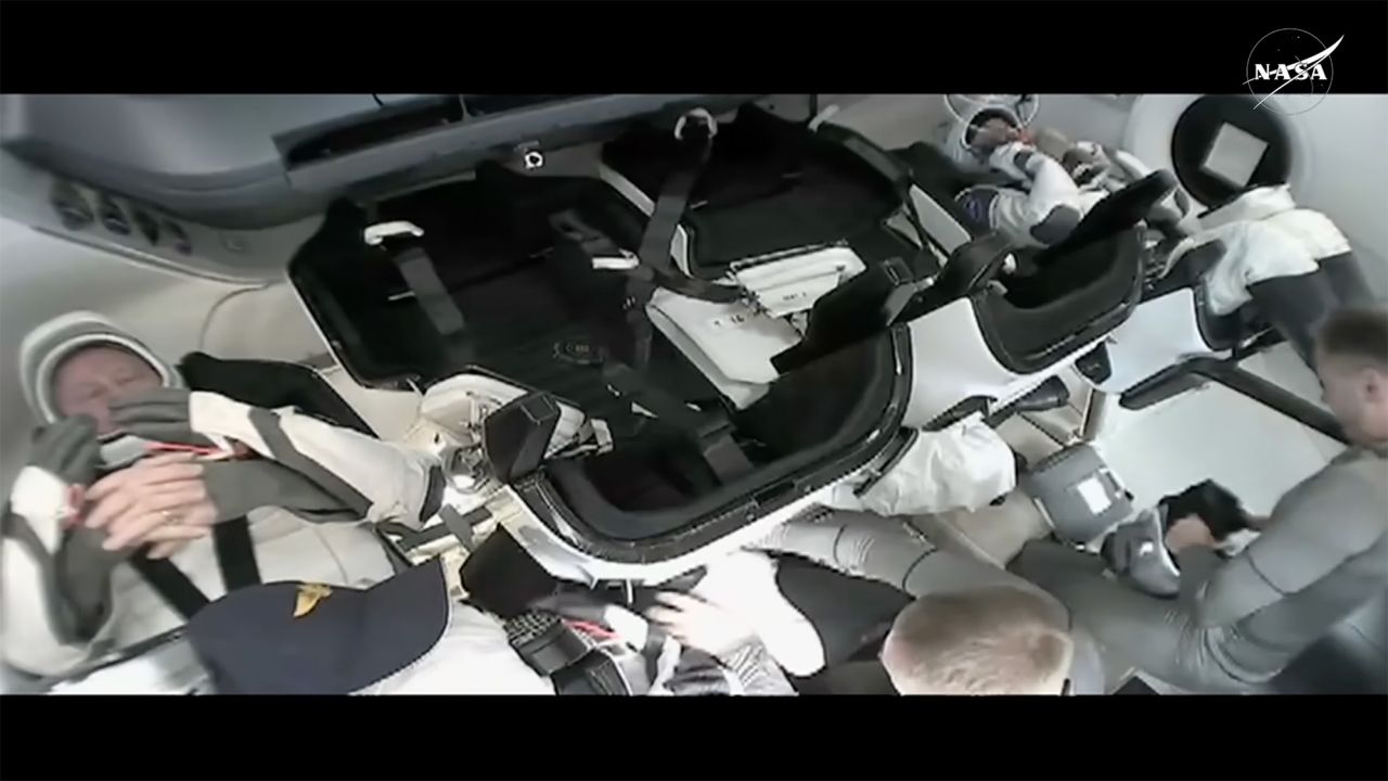 In this screenshot from video, Butch Wilmore and Suni Williams, dressed in SpaceX suits, prep inside the Dragon capsule before undocking from the ISS for their return to Earth on Tuesday.