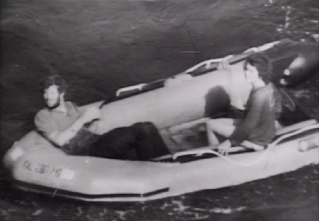 Brad Cavanagh and Deborah Scaling spot their rescuers after five days drifting on the Atlantic Ocean in 1982.
