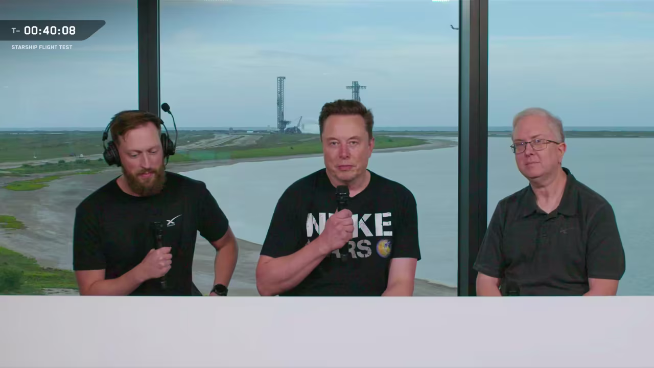 SpaceX CEO Elon Musk, center, joins the livestream Monday alongside Dan Huot and Bill Riley.