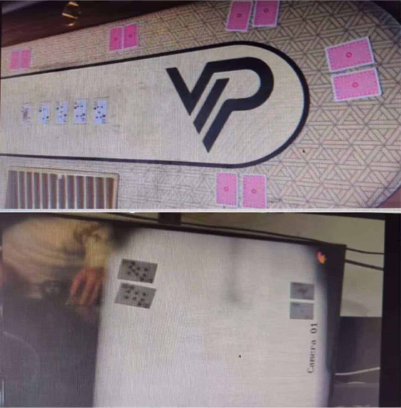These two images show an X-ray poker table that the Department of Justice says was employed by conspirators in the case.