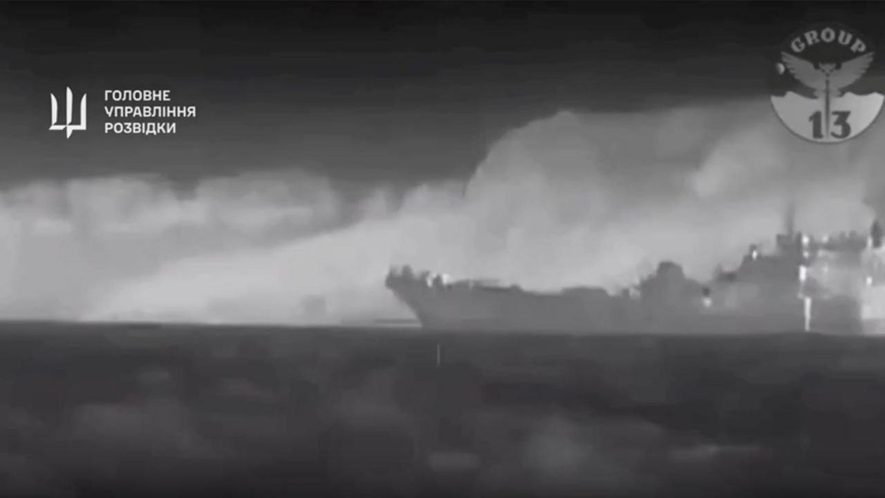 Ukraine provided footage showing a sea drone racing toward Russia's Caesar Kunikov warship in the Black Sea, February 14, 2024.