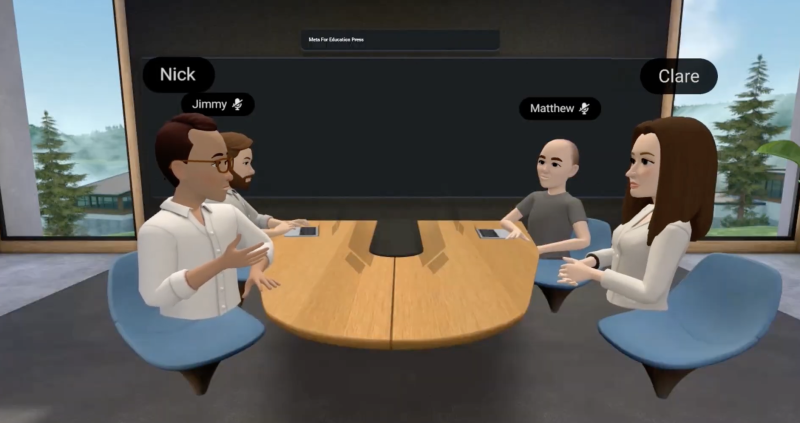 CNN reporter Clare Duffy interviews Meta President of Global Affairs Nick Clegg in virtual reality, using a Meta Quest 3 headset, alongside Meta spokespeople, on Wednesday, April 10, 2024.