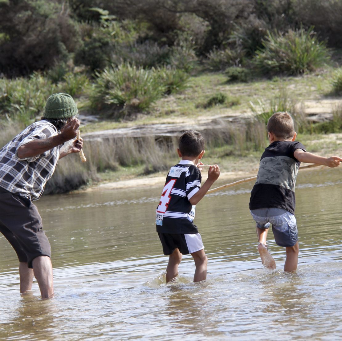 Gweagal Elder Uncle Rod Mason (left) at a spear making cultural camp.