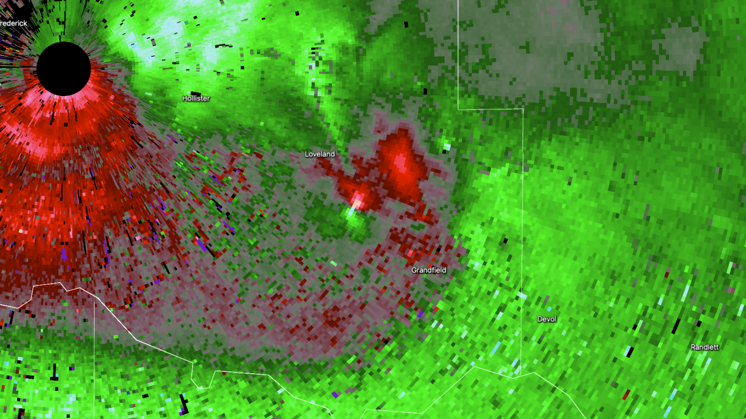 A rare anticyclonic tornado is seen on radar in southern Oklahoma on April 30, 2024.