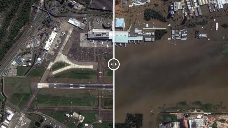Преди и след: Изображения от космоса разкриват потопена писта на летище и футболно игрище при опустошителни наводнения в Бразилия