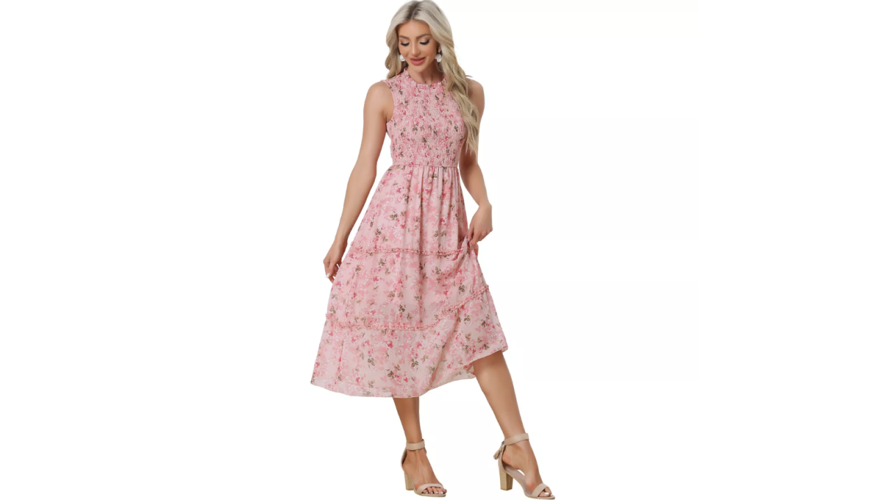 Allegra K Sleeveless Floral Ruffles Crew Neck Chiffon Smocked Dresses