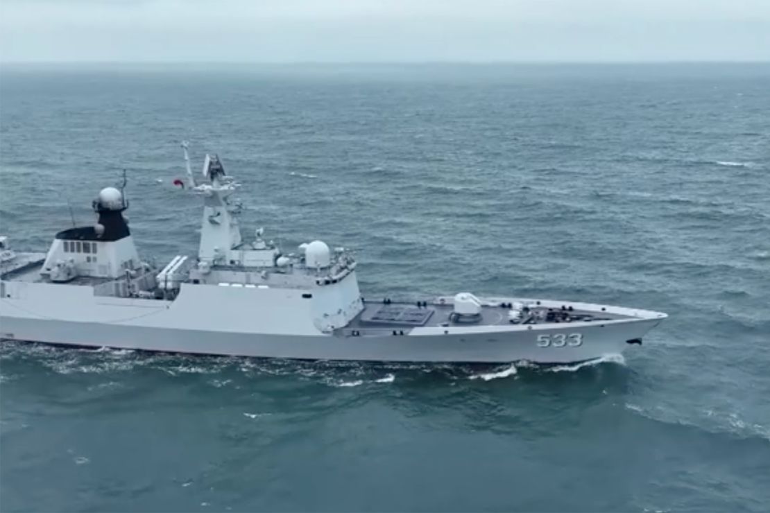 Chinese guided missile frigate Nantong is seen taking part in the military drills.