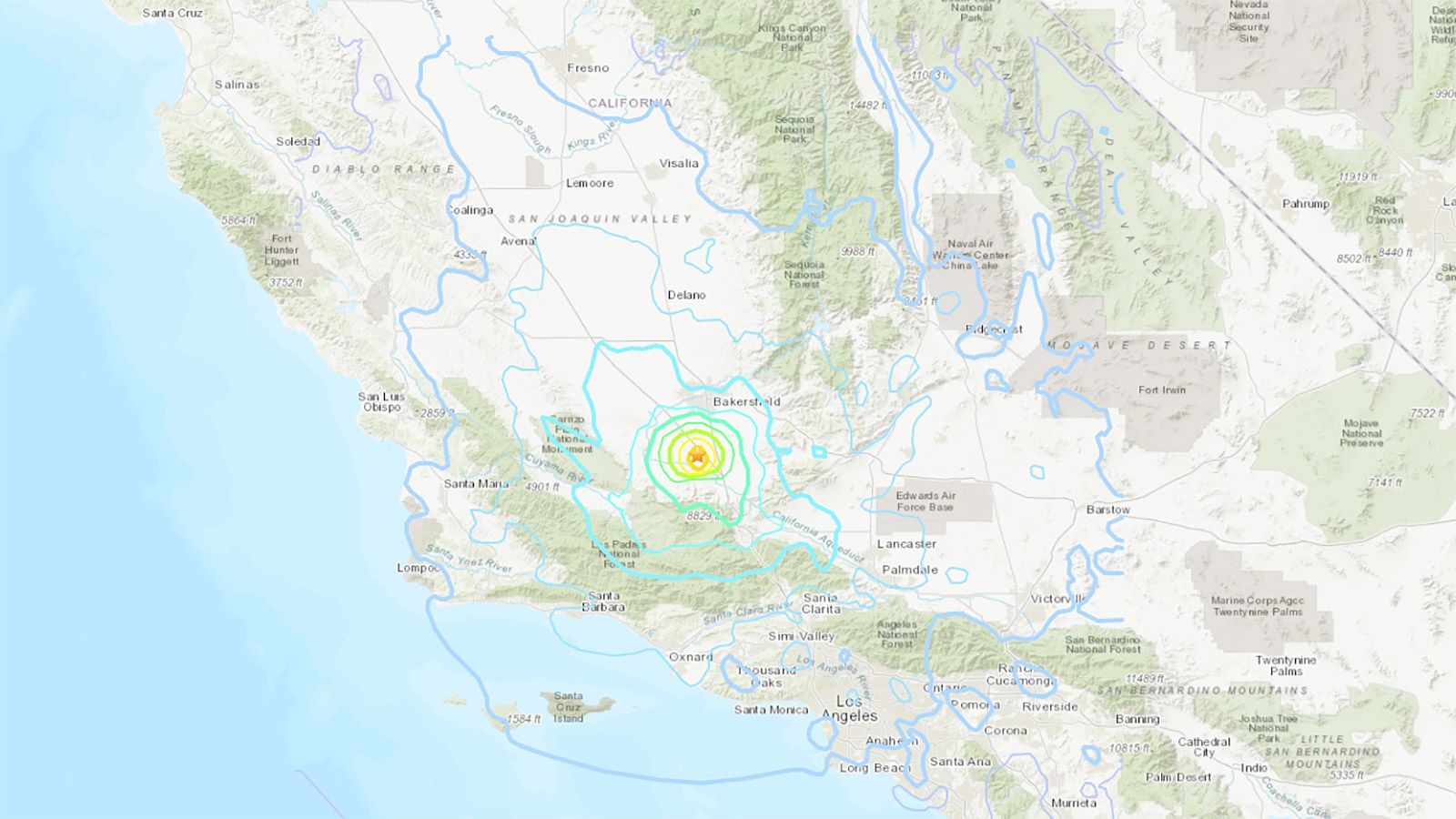 A US Geological Survey map marks the epicenter and range of a 5.2 magnitude earthquake that struck near Bakersfield, California, on Tuesday night.