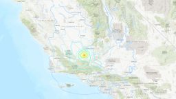 A US Geological Survey map marks the epicenter and range of a 5.2 magnitude earthquake that struck near Bakersfield, California on August 6.