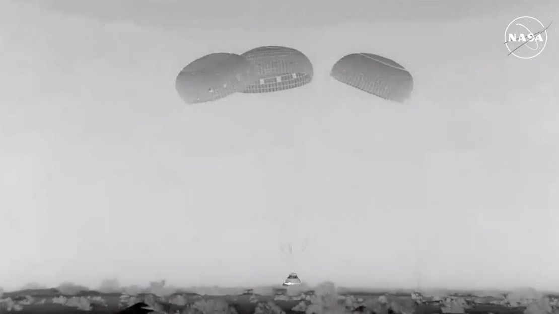 This screengrab taken from a video shows Boeing Starliner as it touches down in White Sands Space Harbor, New Mexico, at 12:01 a.m. ET on September 7.