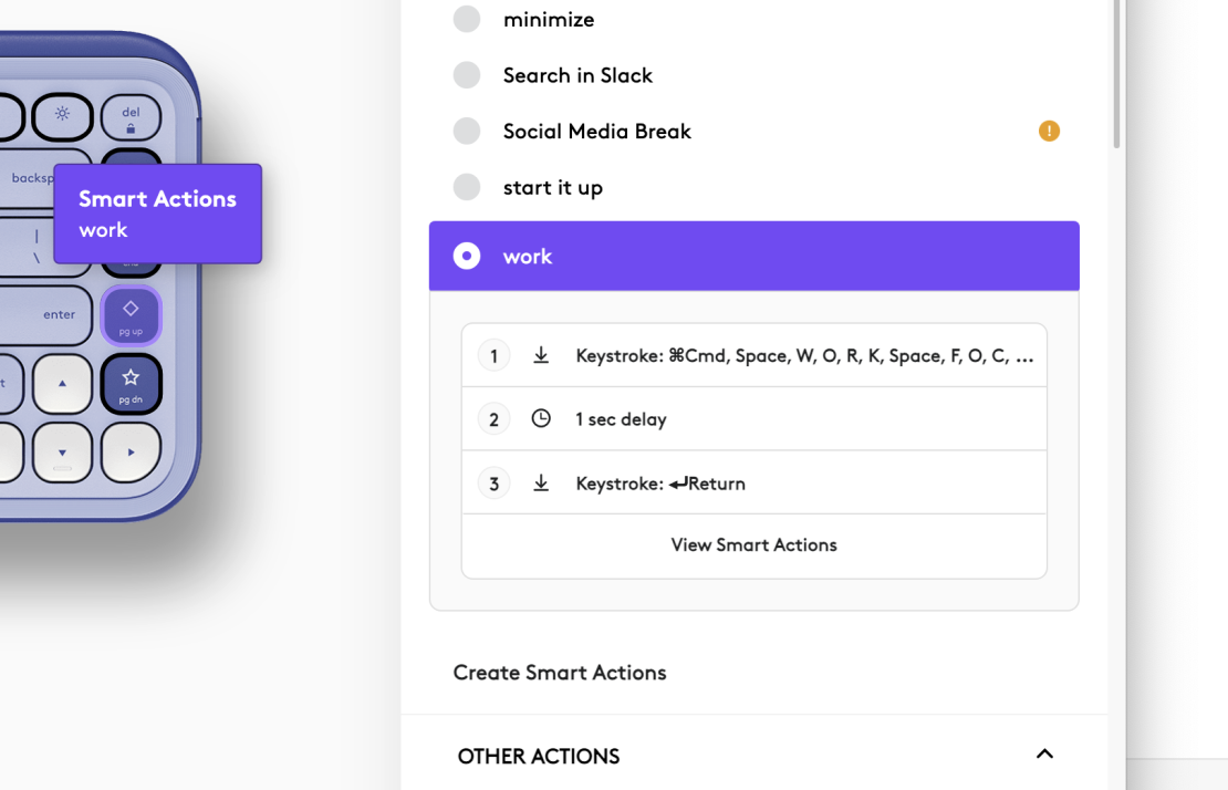 A screenshot of the LogiOptions+ app with instructions of:
Keystroke: Cmd, Space, W, O, R, K, Space, F, O, C, ...
1 sec delay
Keystroke: Return