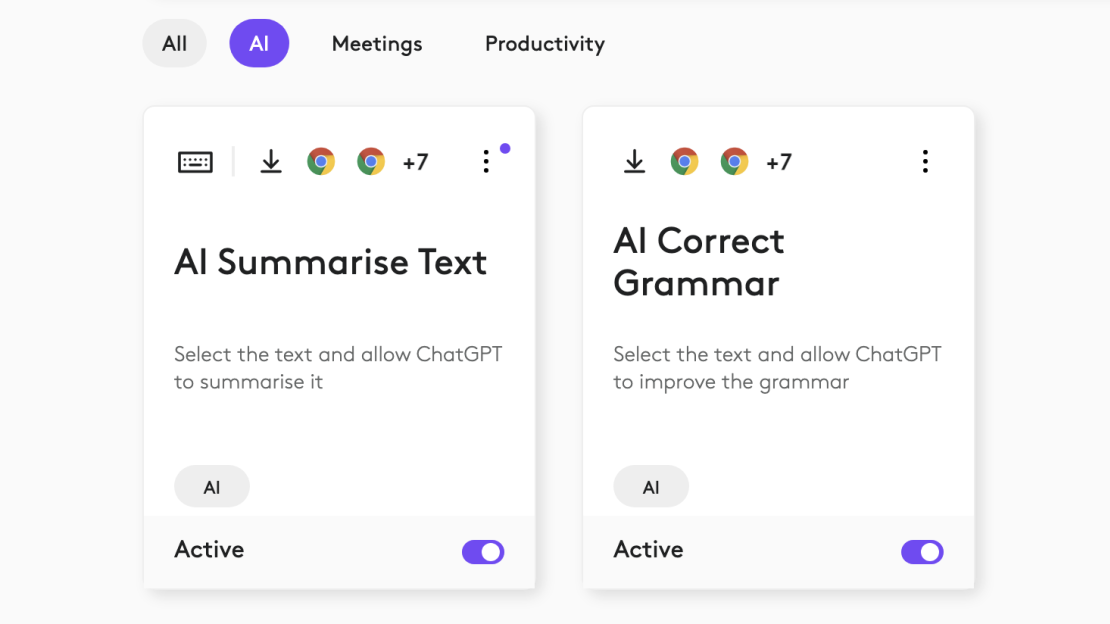 AI Summarise Text and AI Correct Grammar features in LogiOptions+ suggest using ChatGPT