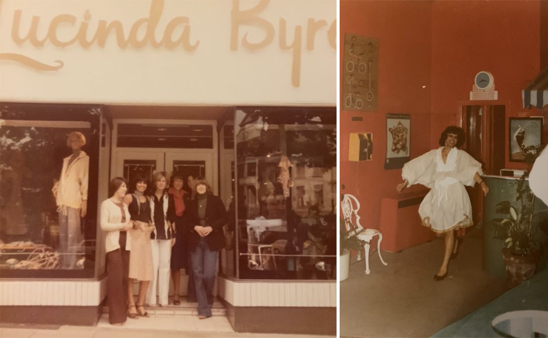 From left: Family and friends outside Lucinda Byre's flagship store in Liverpool. One of the first to stock Vivienne Westwood in the North of England, a shop assistant is photographed wearing a piece from the designer's seminal debut 