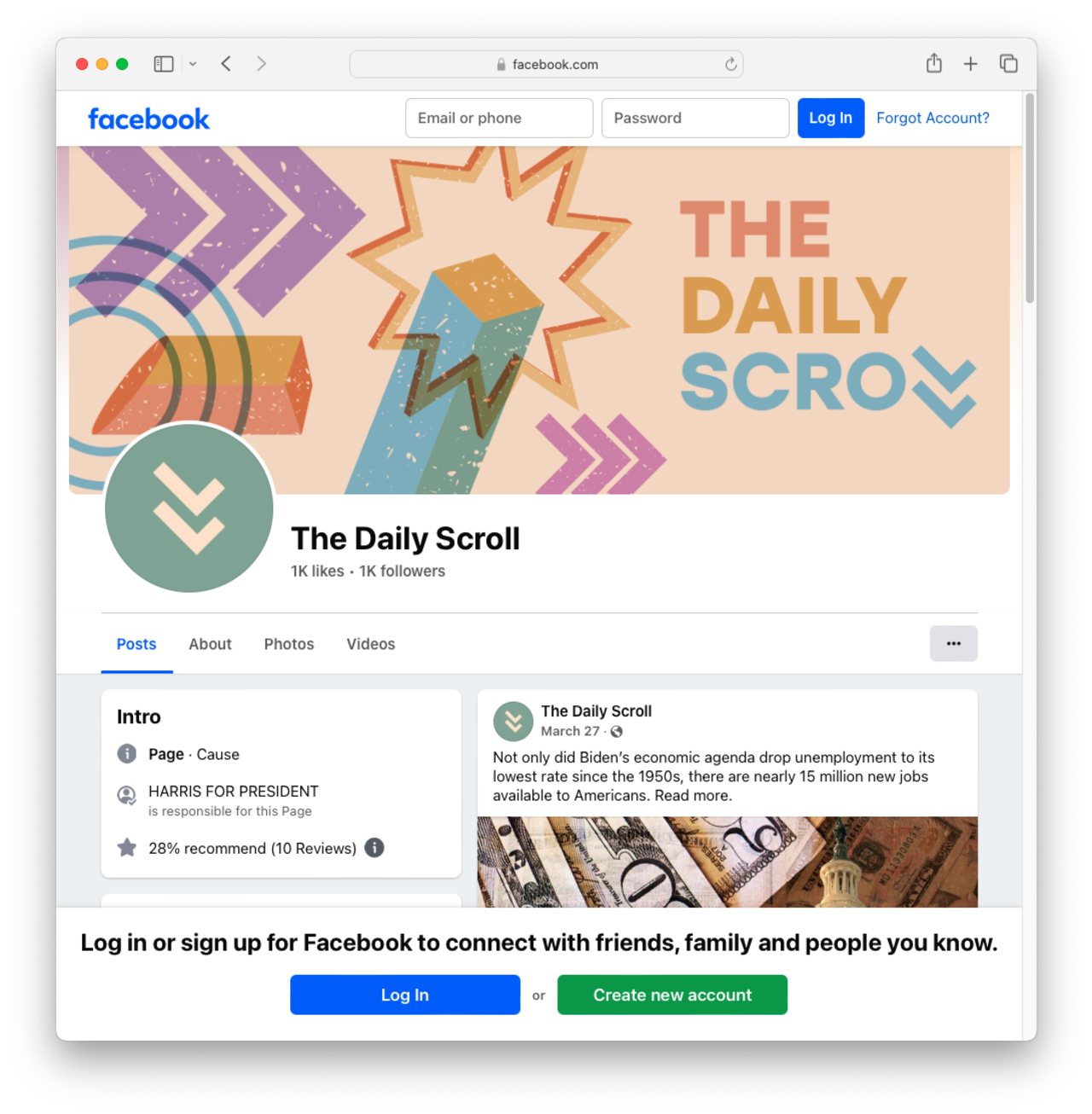 This screenshot show's The Daily Scroll, a Facebook page managed by the Harris for President campaign.