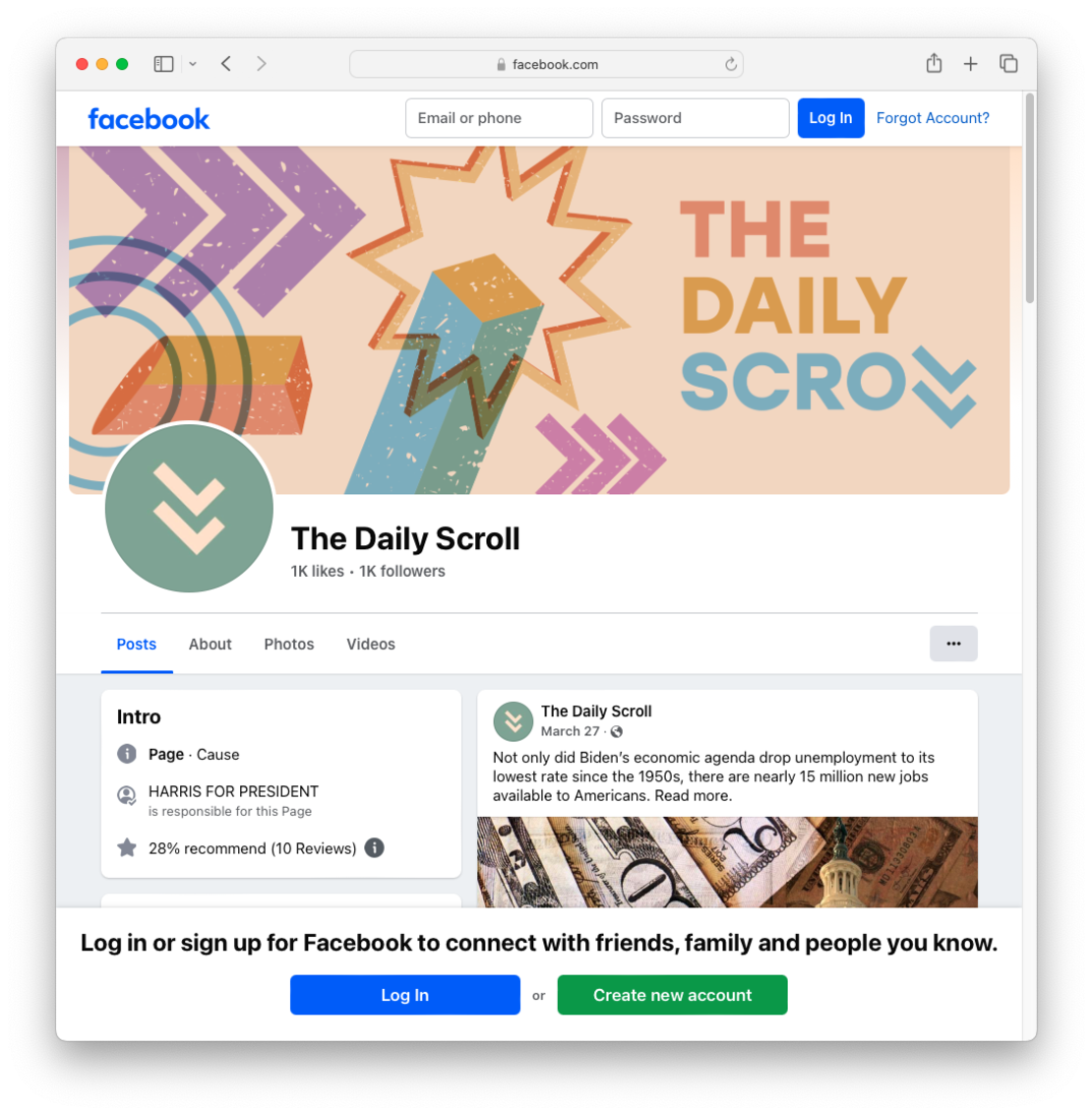 A screenshot of The Daily Scroll, a Facebook page managed by the Harris for President campaign.