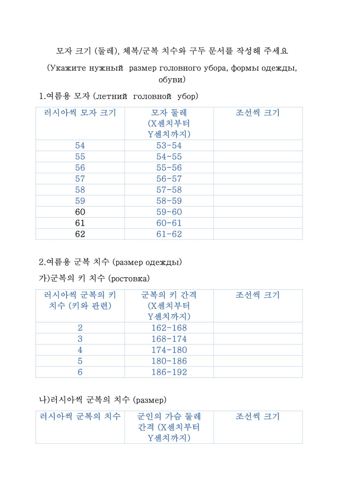 A copy of the questionnaire North Korean soldiers filled out after arriving in Russia, providing their sizing for hats, headgear, uniforms, and shoes.