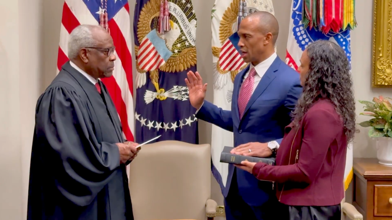 This still from video posted to X.com on Wednesday, February 5, shows US Supreme Court Associate Justice Clarence Thomas swearing in Scott Turner as secretary of Housing and Urban Development. 