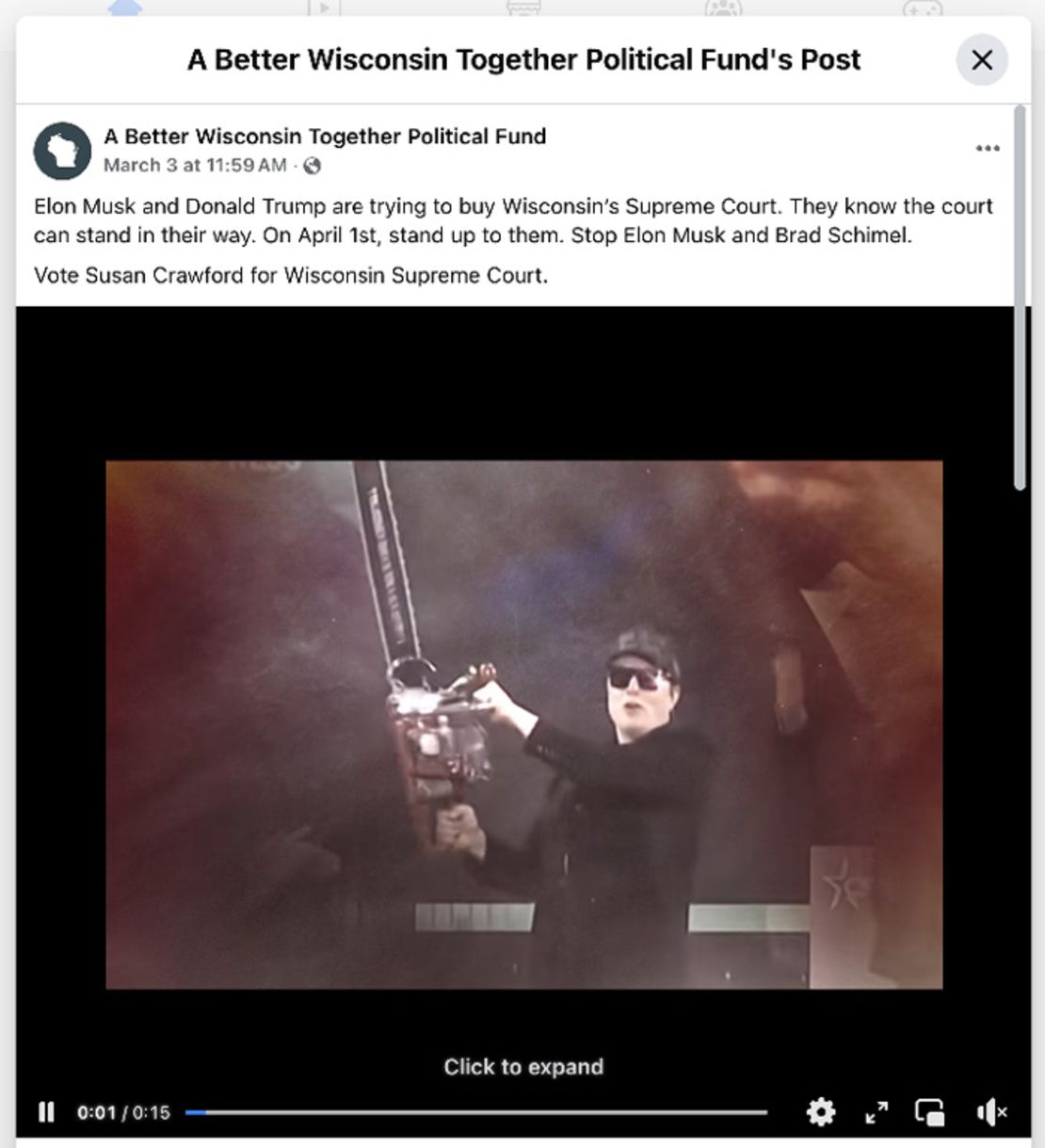 Captura de pantalla ilustra cómo el "A Better Wisconsin Together Political Fund", que apoya a un candidato progresista en una contienda por la Corte Suprema estatal, retrata al multimillonario Elon Musk en su anuncio.