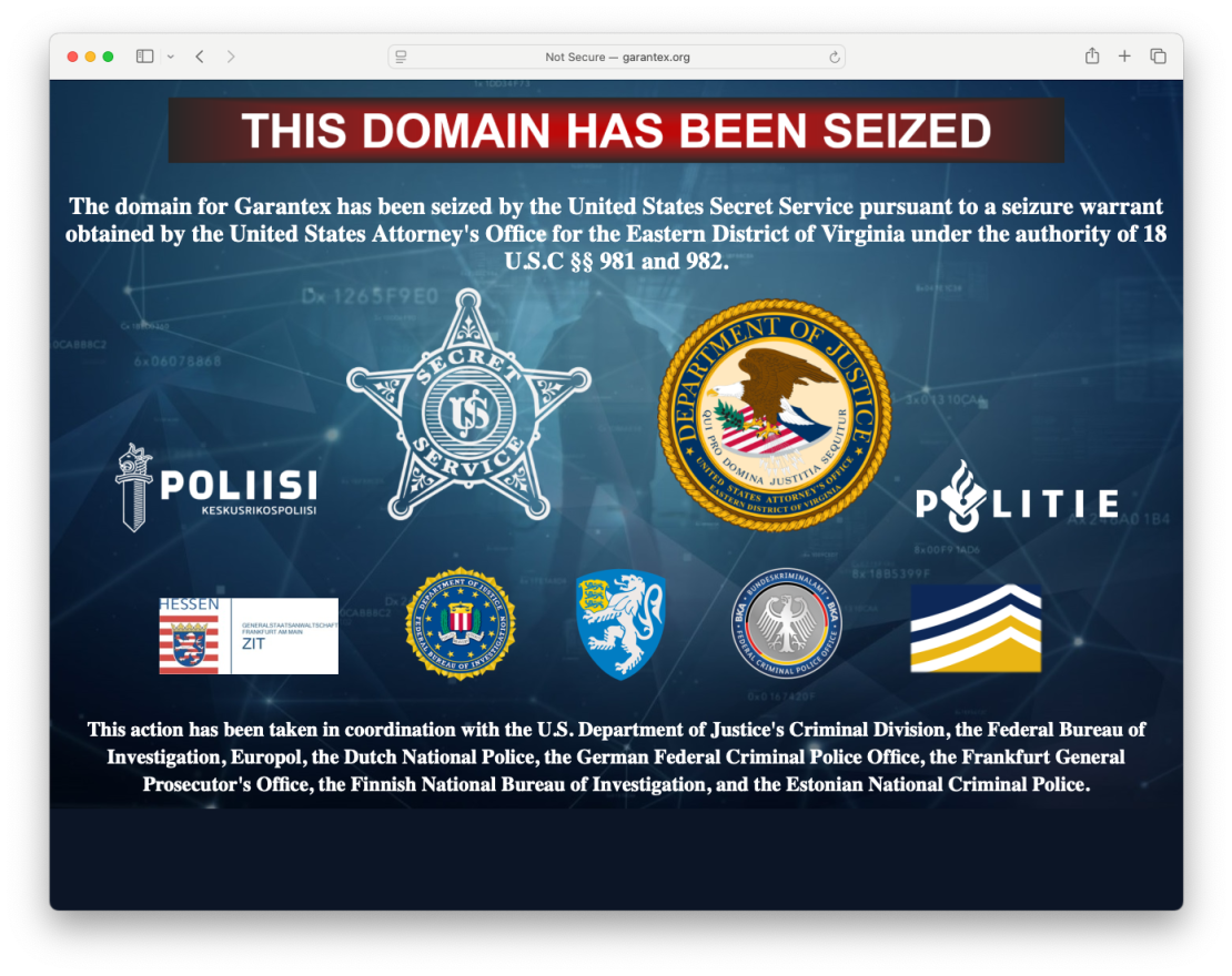 This screenshot shows the Garantex website which the US Justice Department, in coordination with Germany and Finland, disrupted and took down. The cryptocurrency exchange website allegedly facilitated money laundering by transnational criminal organizations — including terrorist organizations — and sanctions violations, according to the US Justice Department.