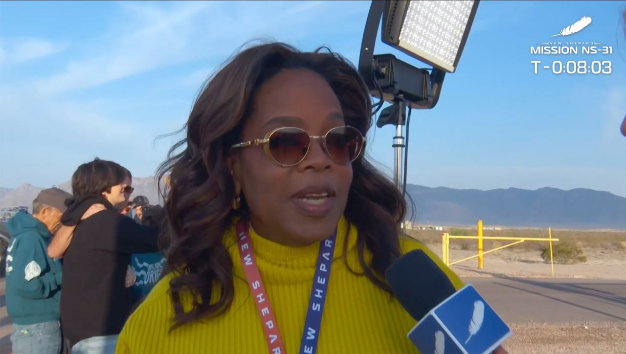 In this screengrab from video, Oprah Winfrey speaks about the Blue Origin launch in West Texas.
