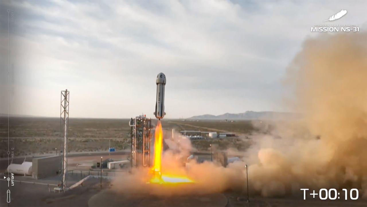 In this screenshot from video, Blue Origin New Shepard lifts off in West Texas, on Monday.
