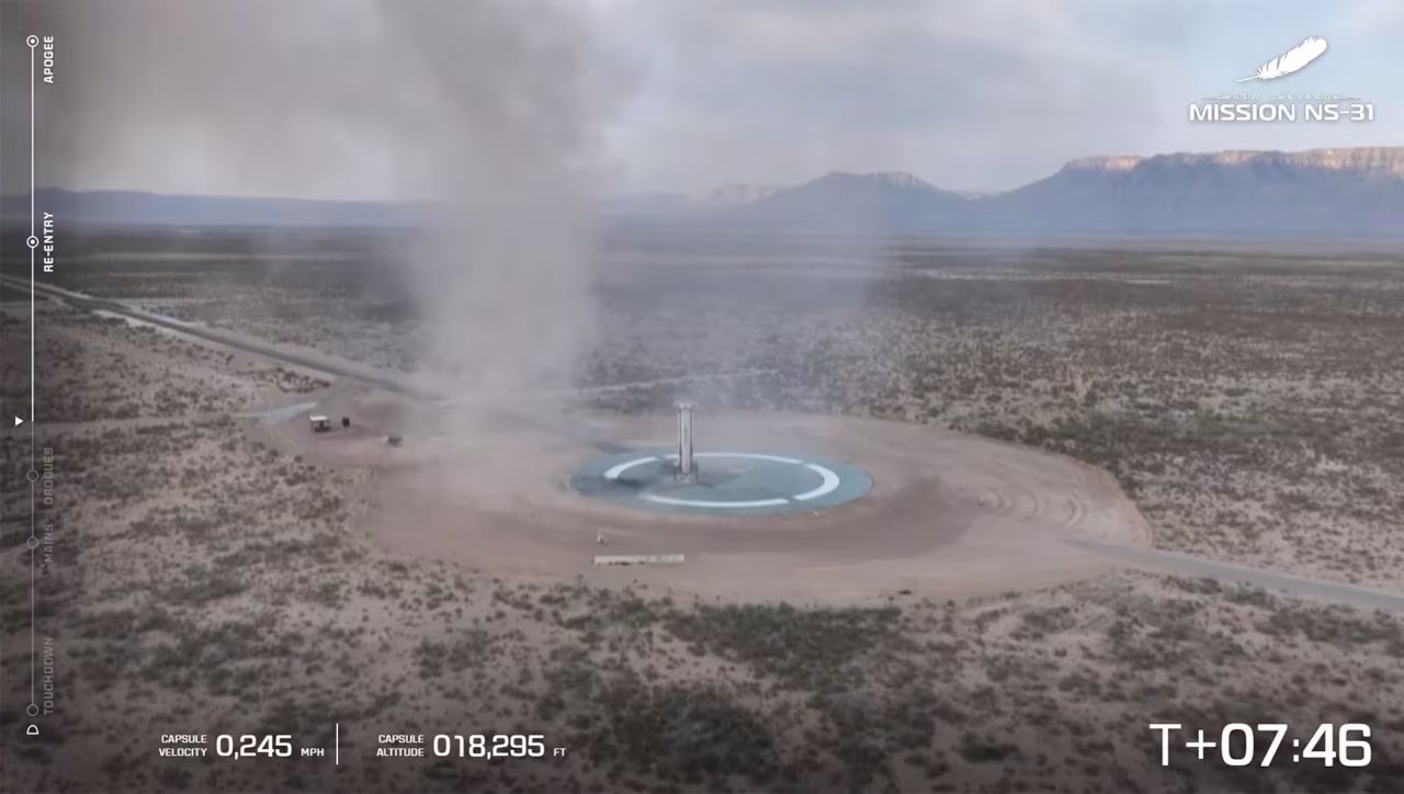 In this screenshot from video, the Blue Origin rocket booster lands in West Texas, on Monday.