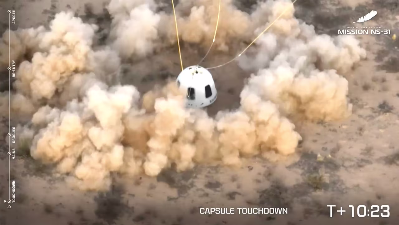 In this screenshot from video, the Blue Origin New Shepard capsule lands after the mission in West Texas, on Monday.