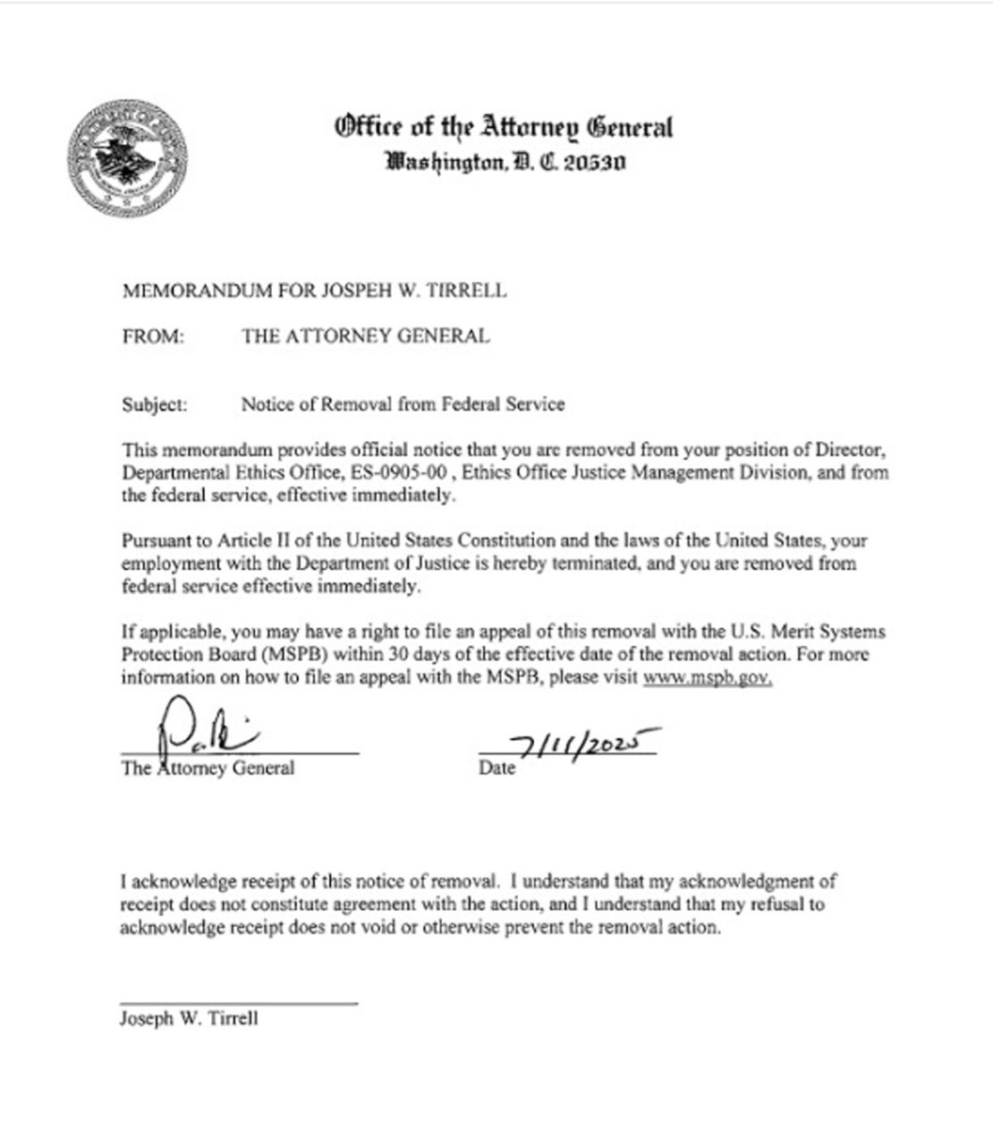 Former Department of Justice ethics official Joseph Tirrell posted a letter to LinkedIn advising him of his dismissal.