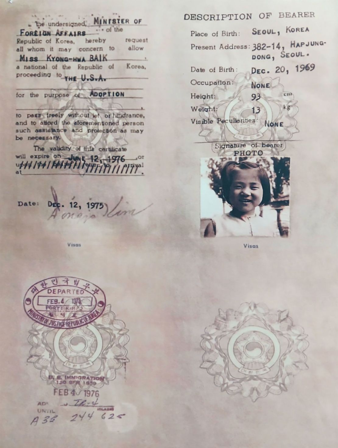 Kyung-ha's government-issued travel certificate altered her last name, date of birth and address.
