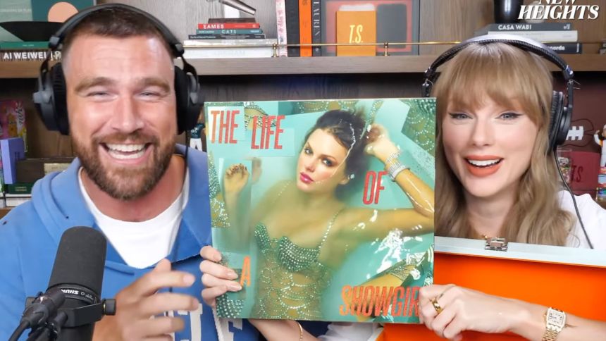 Taylor Swift reveals her new album with Travis Kelce on the New Heights podcast.