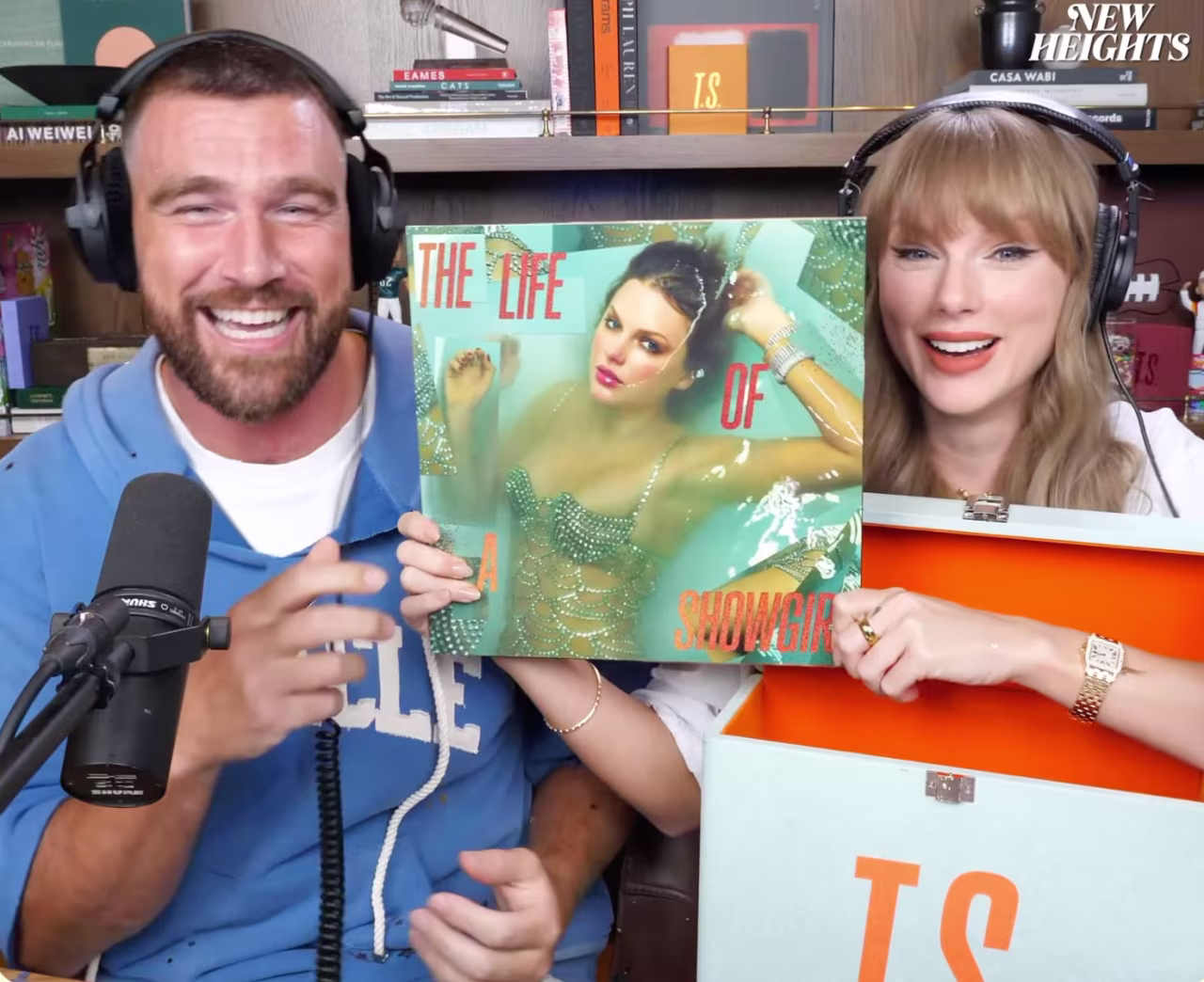 Taylor Swift reveals her new album with Travis Kelce on the New Heights podcast.