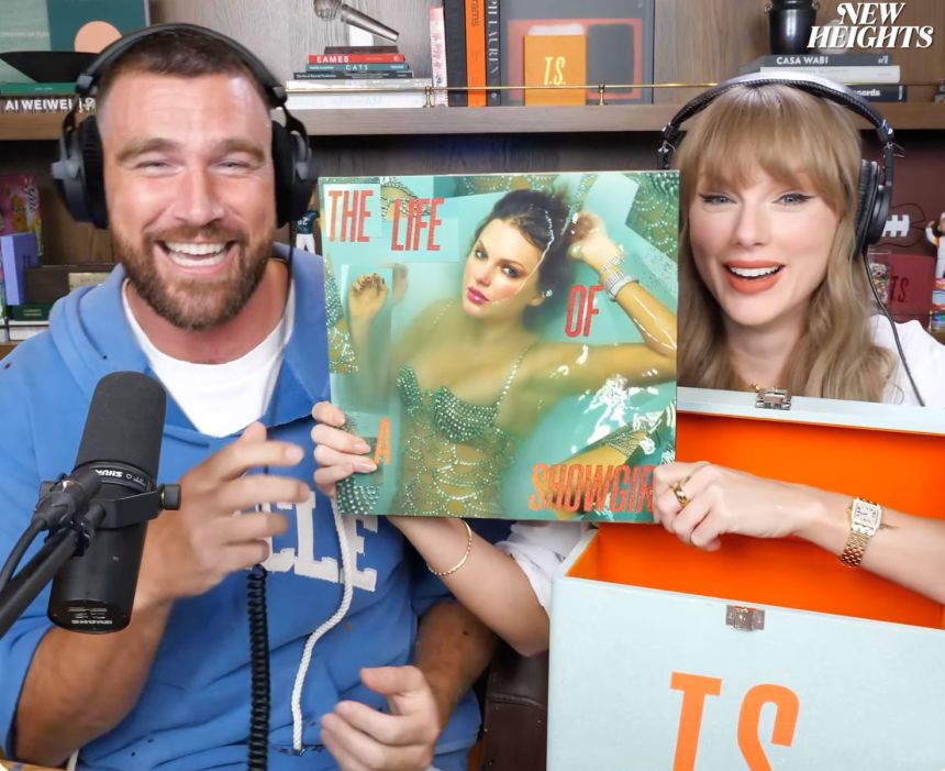 Taylor Swift reveals her new album with Travis Kelce on the New Heights podcast.