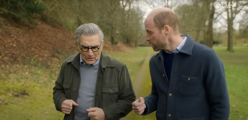 Prince William (right) and Eugene Levy (left) walk down a path in this screenshot from the trailer for the third season of “The Reluctant Traveler with Eugene Levy.